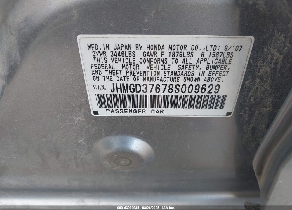 2008 HONDA FIT VIN: JHMGD37678S009629