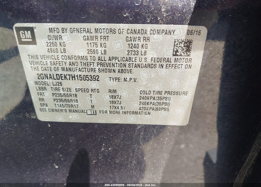 2017 CHEVROLET EQUINOX VIN: 2GNALDEK7H1505392