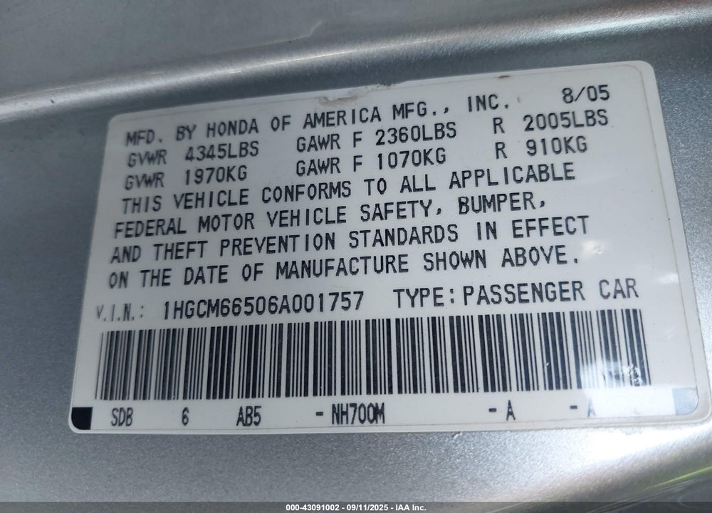 2006 HONDA ACCORD SDN EX-L V6 VIN: 1HGCM66506A001757
