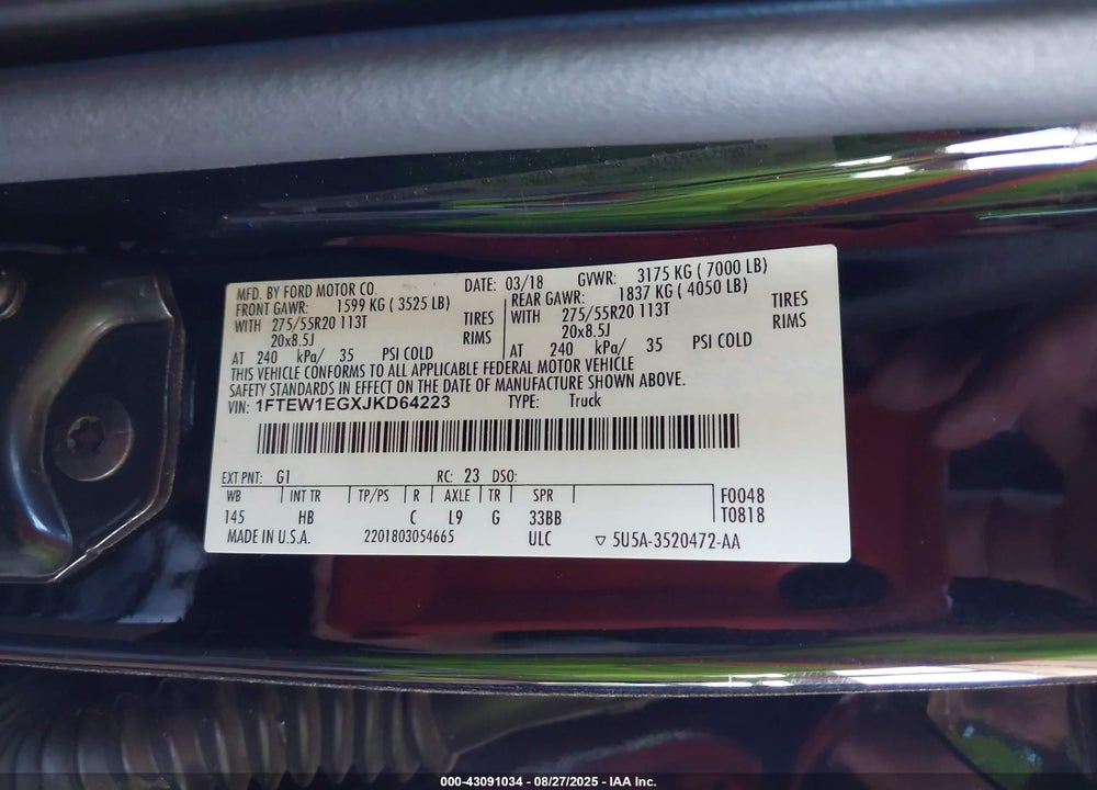 2018 FORD F-150 VIN: 1FTEW1EGXJKD64223