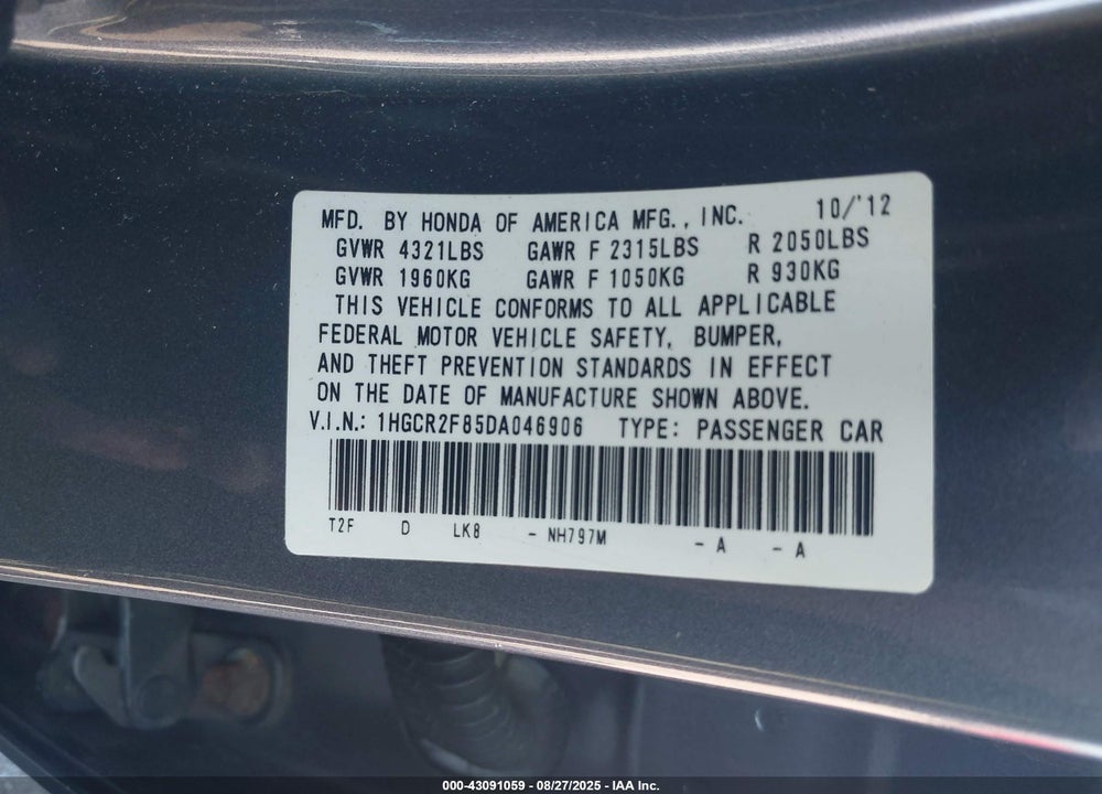 2013 HONDA ACCORD VIN: 1HGCR2F85DA046906