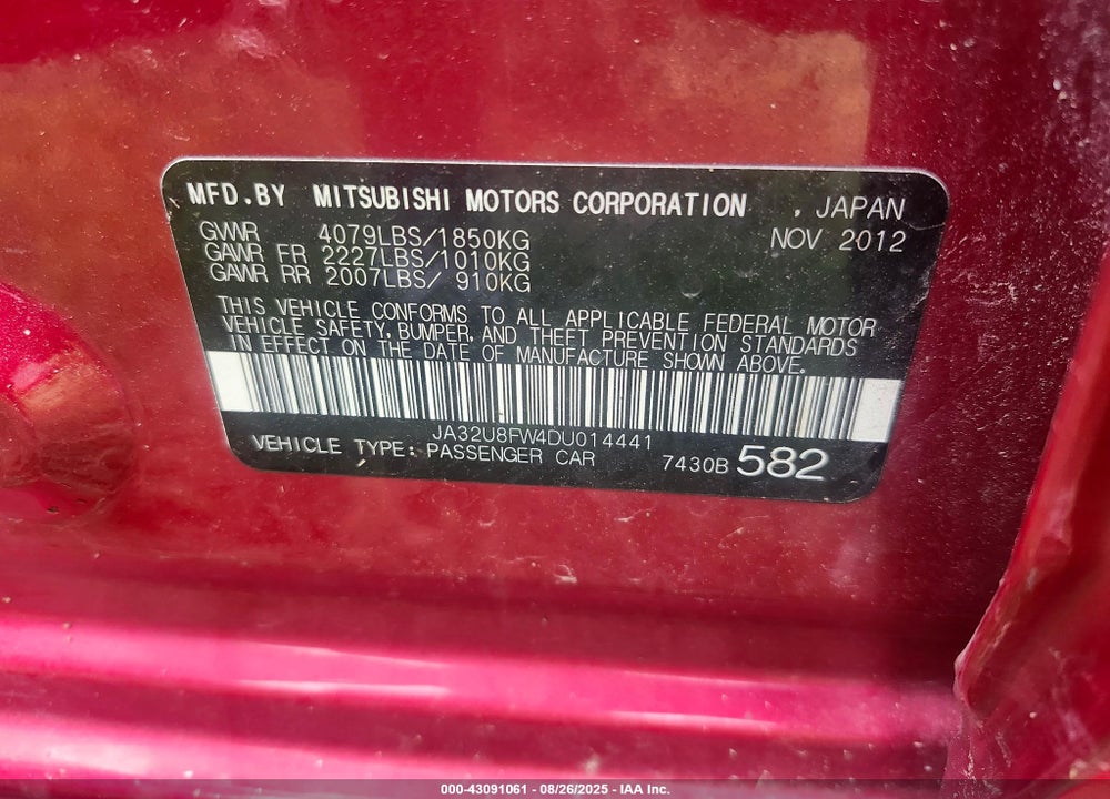 2013 MITSUBISHI LANCER VIN: JA32U8FW4DU014441