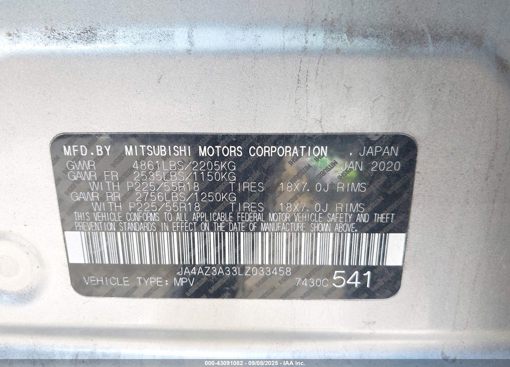 2020 MITSUBISHI OUTLANDER ES 2.4 S-AWC/LE 2.4 S-AWC/SE 2.4 S-AWC/SEL 2.4 S-AWC/SP 2.4 S-AWC VIN: JA4AZ3A33LZ033458