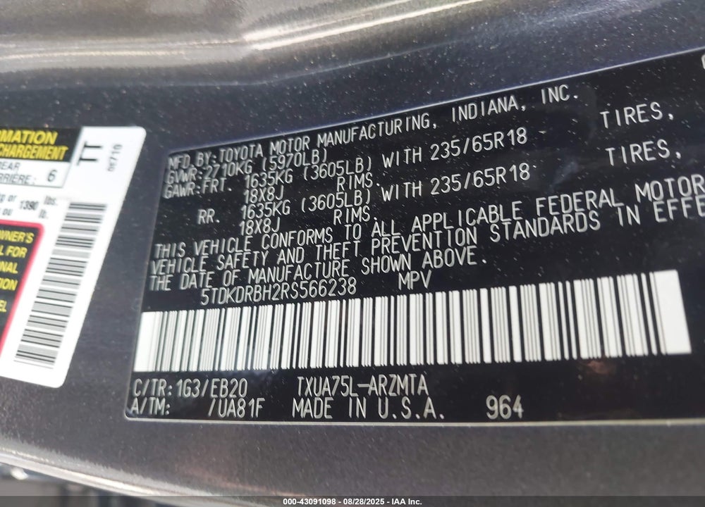 2024 TOYOTA HIGHLANDER VIN: 5TDKDRBH2RS566238