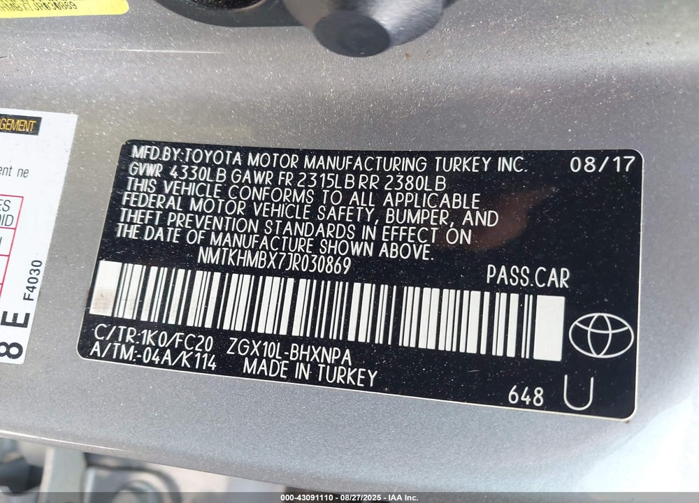 2018 TOYOTA C-HR VIN: NMTKHMBX7JR030869