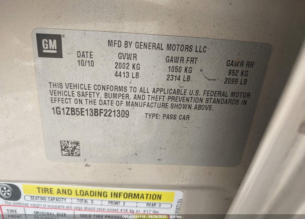 2011 CHEVROLET MALIBU VIN: 1G1ZB5E13BF221309