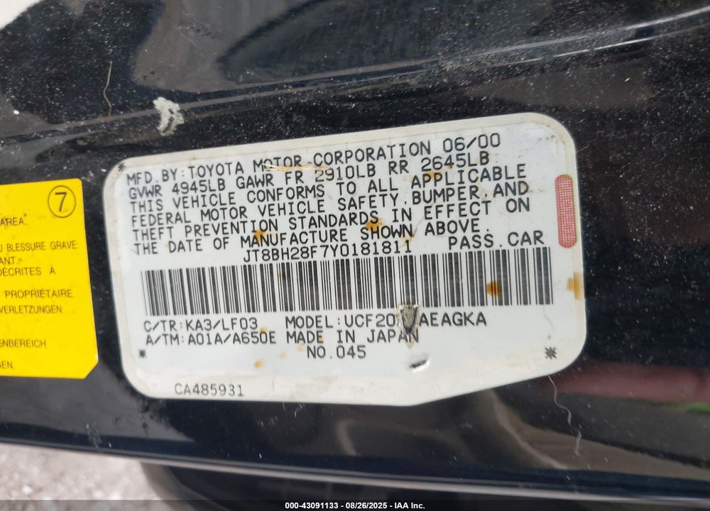2000 LEXUS LS 400 VIN: JT8BH28F7Y0181811