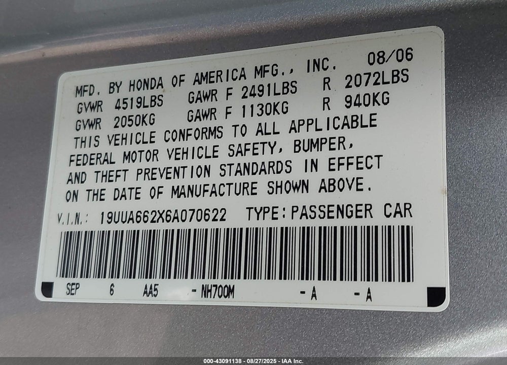 2006 ACURA TL VIN: 19UUA662X6A070622