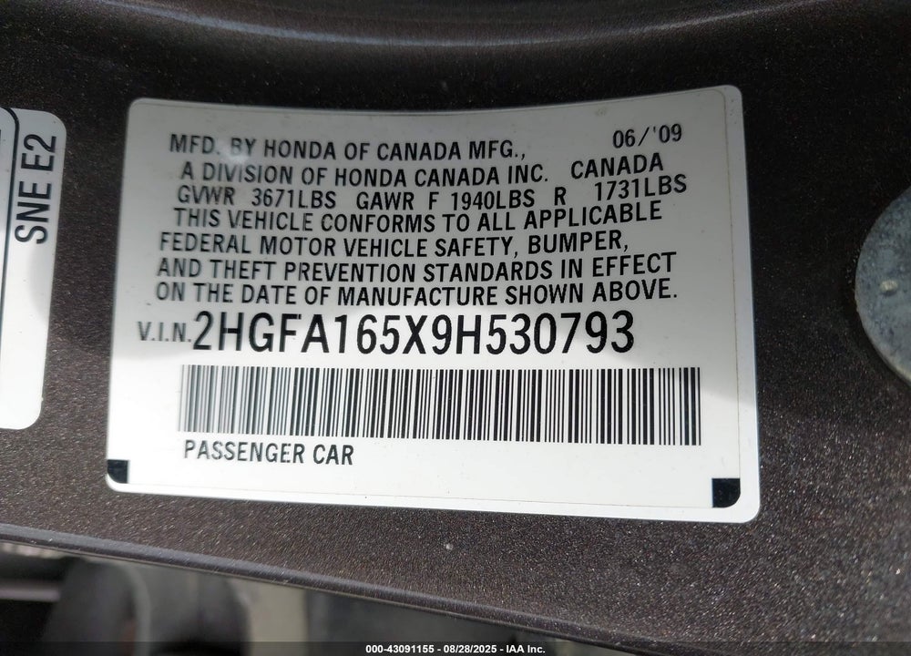 2009 HONDA CIVIC VIN: 2HGFA165X9H530793