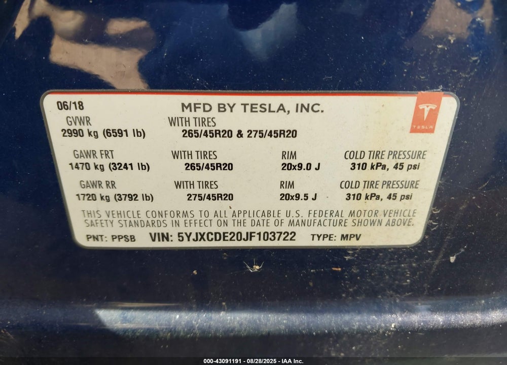 2018 TESLA MODEL X VIN: 5YJXCDE20JF103722