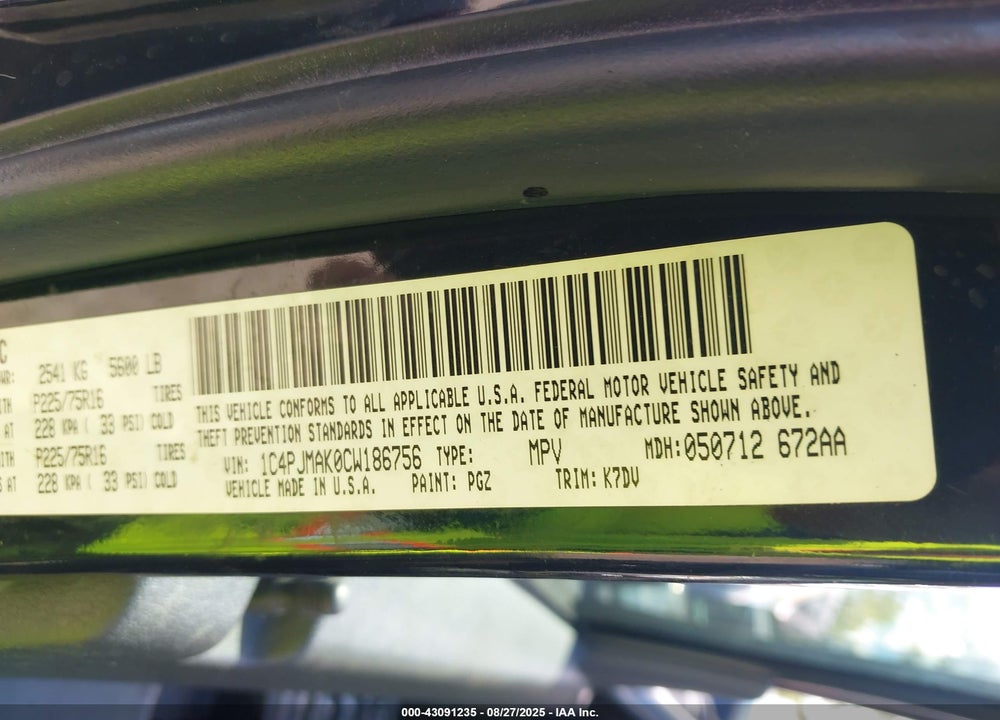 2012 JEEP LIBERTY VIN: 1C4PJMAK0CW186756