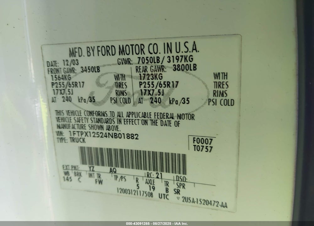2004 FORD F-150 LARIAT/XL/XLT VIN: 1FTPX12524NB01882
