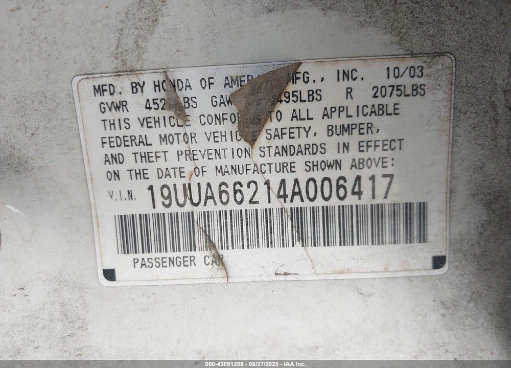 2004 ACURA TL VIN: 19UUA66214A006417