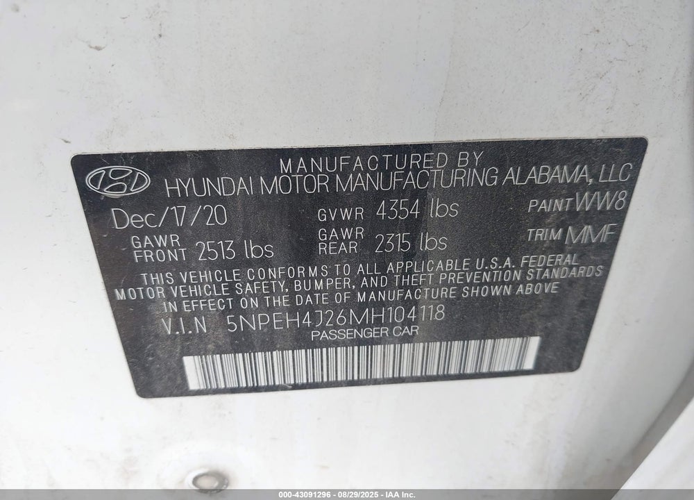 2021 HYUNDAI SONATA VIN: 5NPEH4J26MH104118