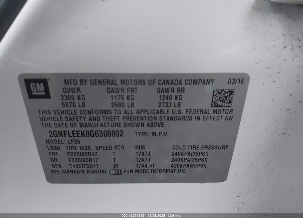 2016 CHEVROLET EQUINOX VIN: 2GNFLEEK0G6308092