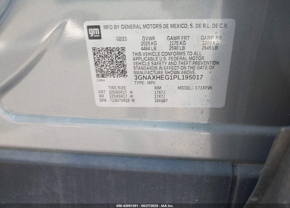 2023 CHEVROLET EQUINOX VIN: 3GNAXHEG1PL195017