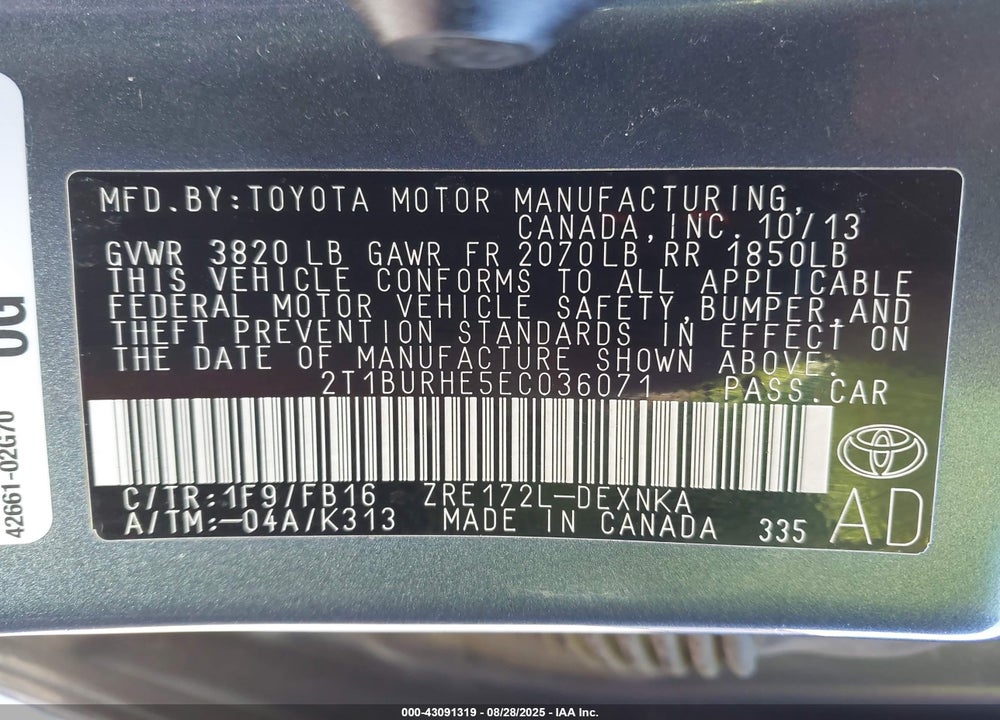 2014 TOYOTA COROLLA LE PLUS VIN: 2T1BURHE5EC036071