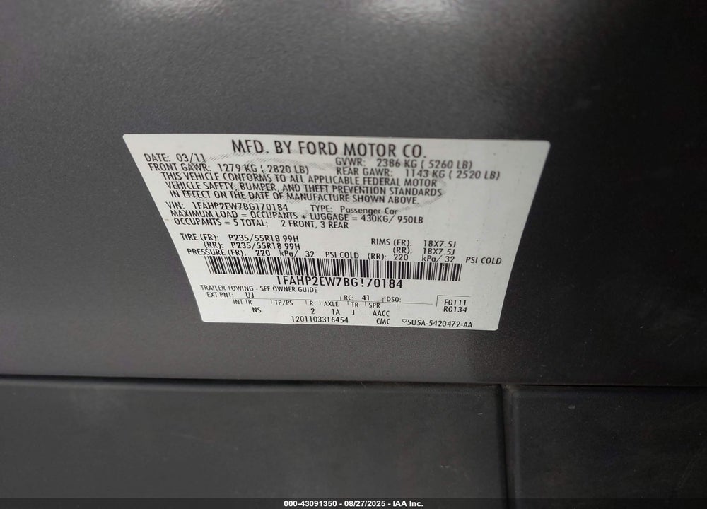 2011 FORD TAURUS VIN: 1FAHP2EW7BG170184