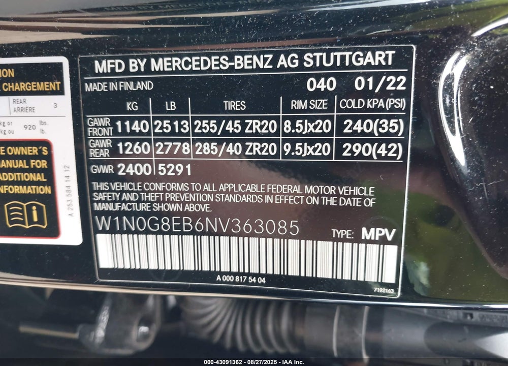 2022 MERCEDES-BENZ GLC CLASS VIN: W1N0G8EB6NV363085