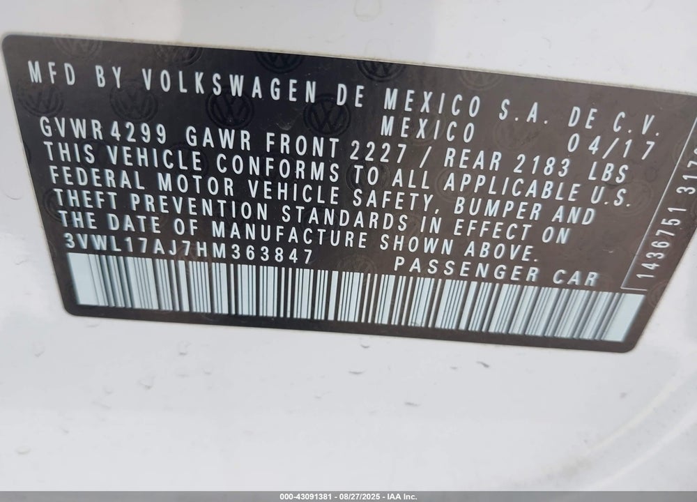 2017 VOLKSWAGEN JETTA VIN: 3VWL17AJ7HM363847