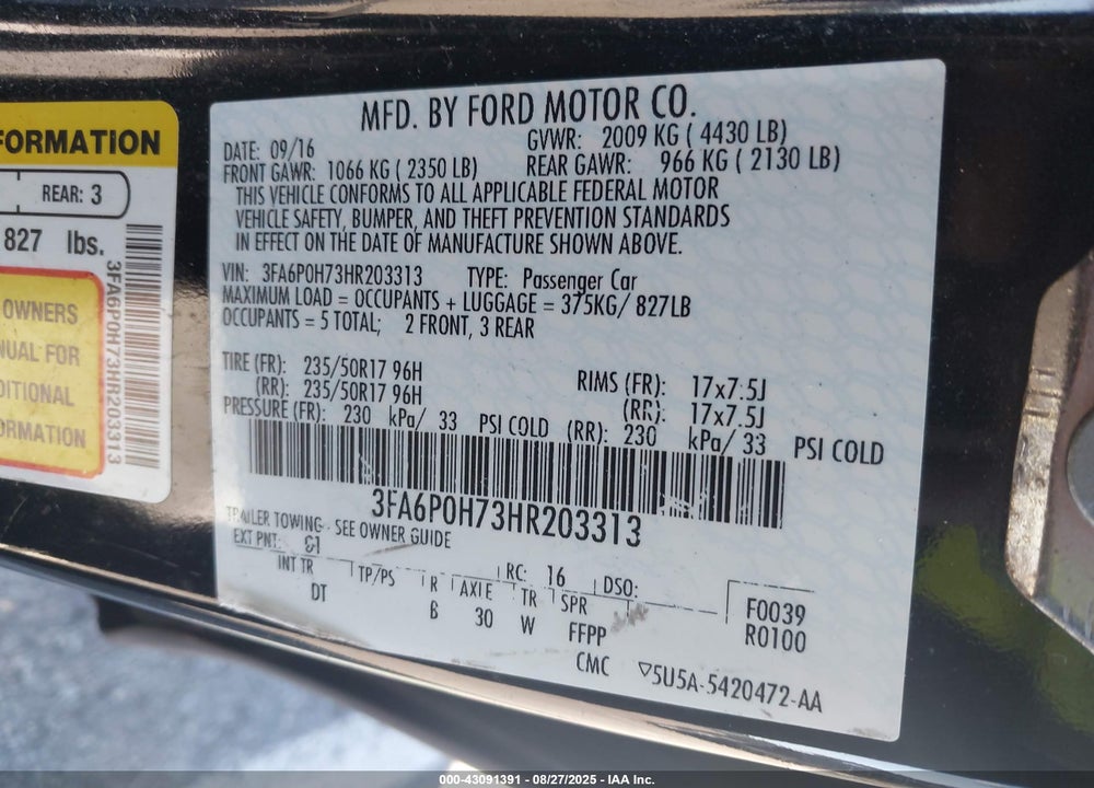 2017 FORD FUSION SE VIN: 3FA6P0H73HR203313