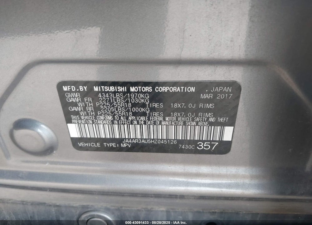 2017 MITSUBISHI OUTLANDER SPORT VIN: JA4AR3AU5HZ045126