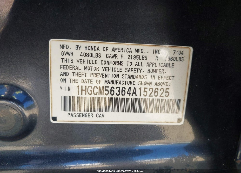 2004 HONDA ACCORD 2.4 LX VIN: 1HGCM56364A152625