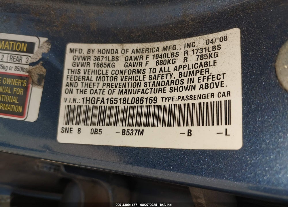 2008 HONDA CIVIC VIN: 1HGFA16518L086169