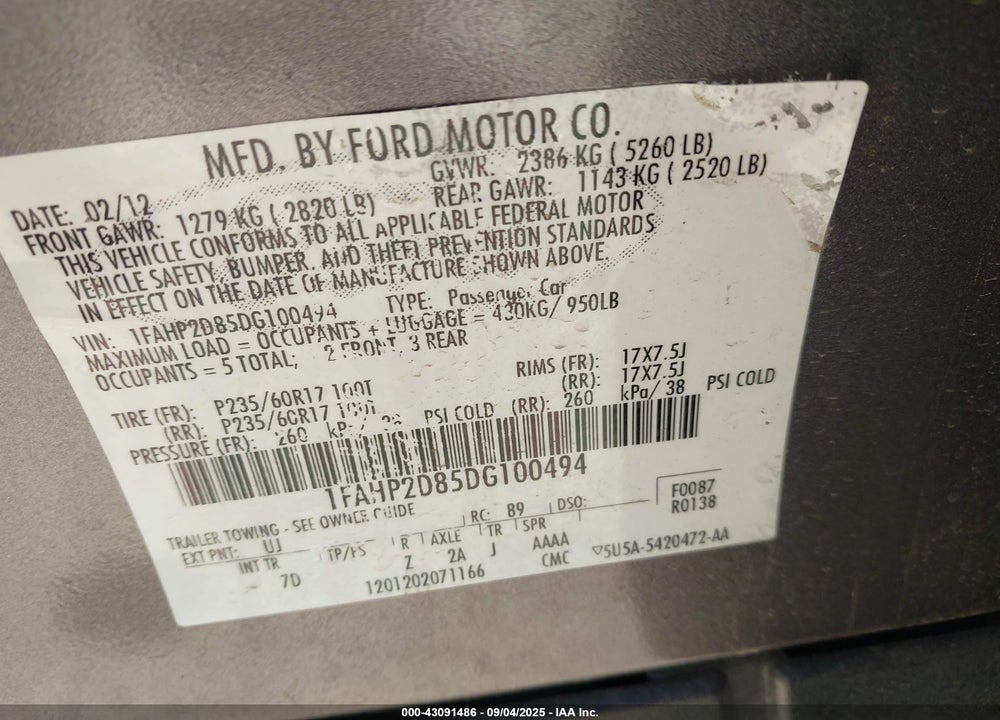 2013 FORD TAURUS VIN: 1FAHP2D85DG100494