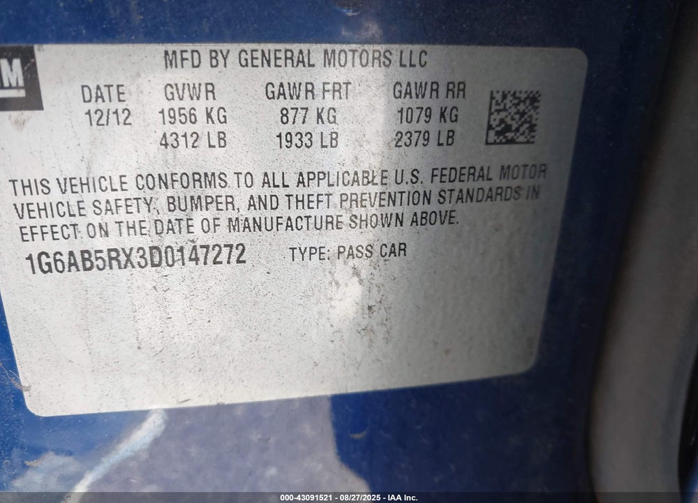 2013 CADILLAC ATS VIN: 1G6AB5RX3D0147272