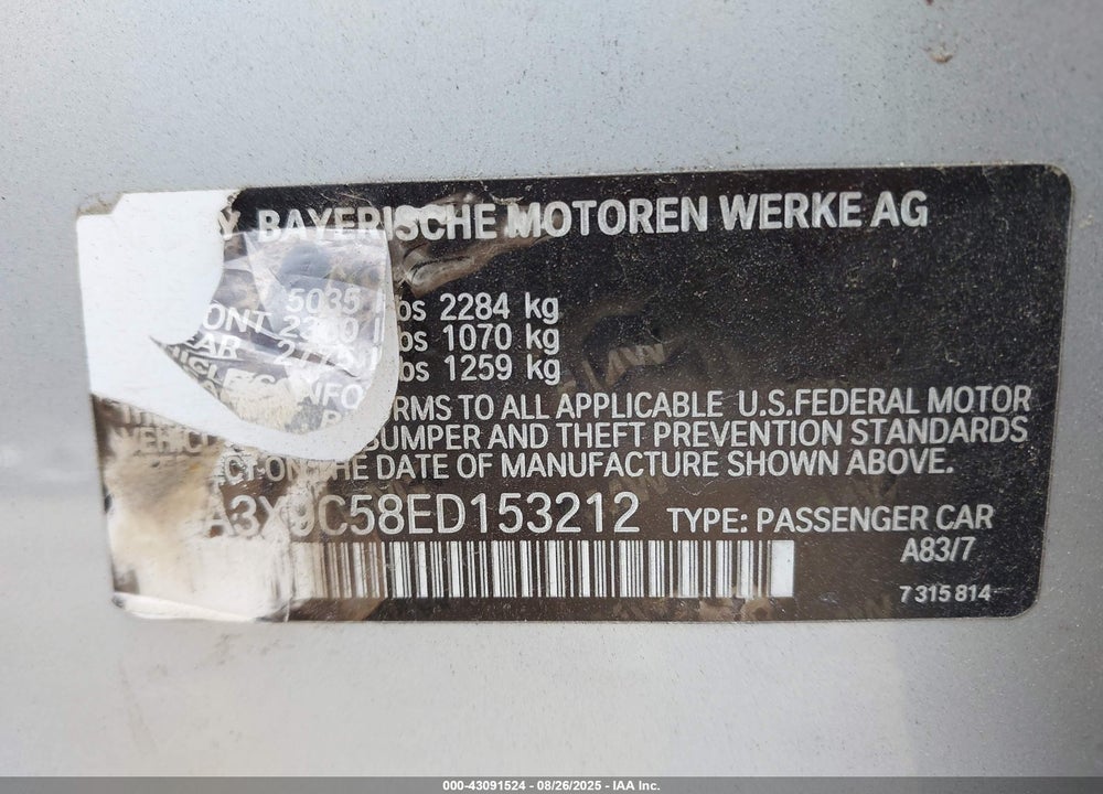 2014 BMW 3 SERIES VIN: WBA3X9C58ED153212