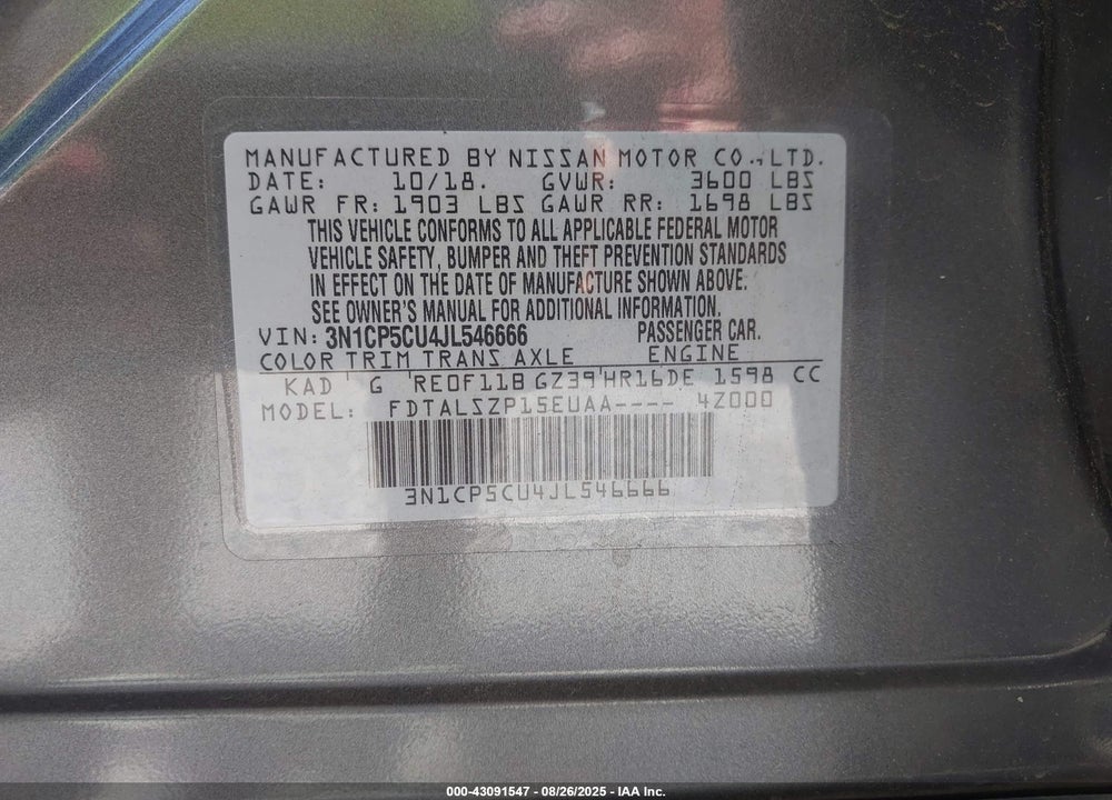 2018 NISSAN KICKS VIN: 3N1CP5CU4JL546666