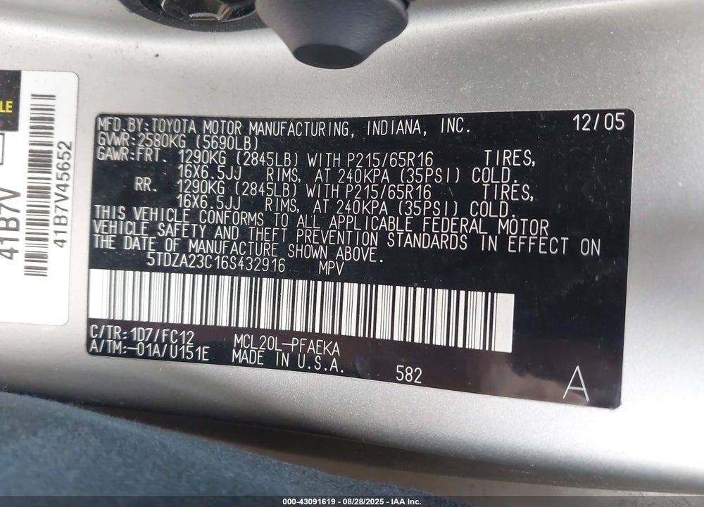 2006 TOYOTA SIENNA LE VIN: 5TDZA23C16S432916