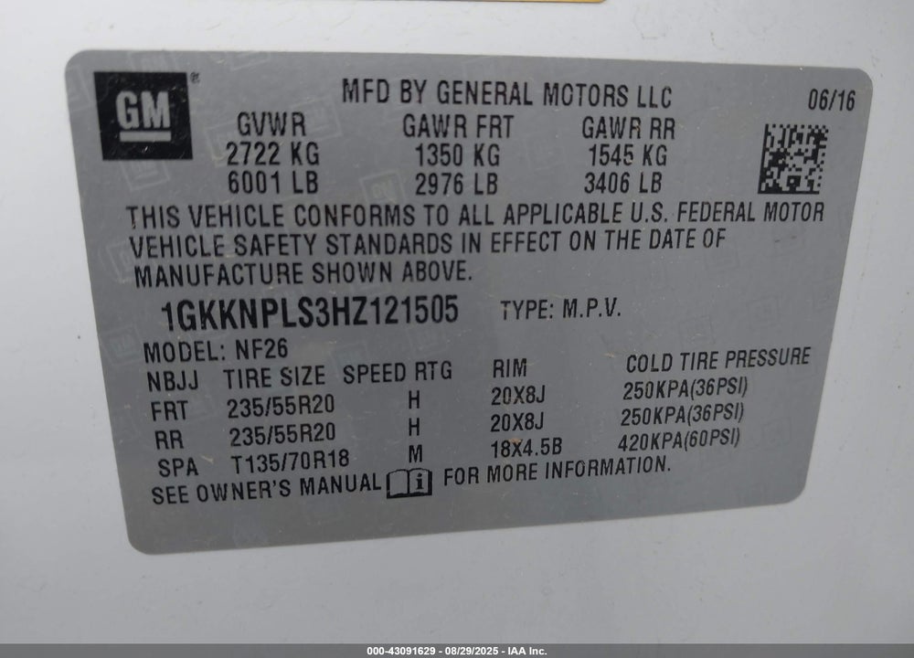 2017 GMC ACADIA VIN: 1GKKNPLS3HZ121505