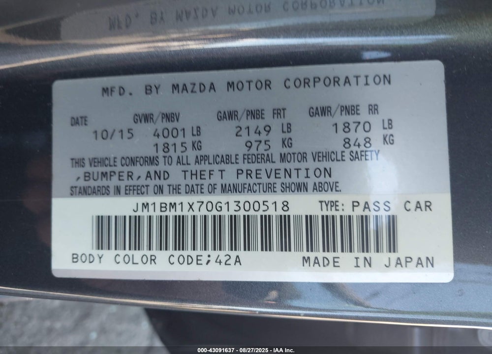 2016 MAZDA 3 VIN: JM1BM1X70G1300518