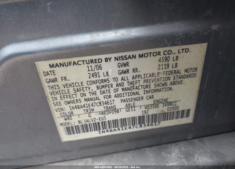 2007 NISSAN MAXIMA 3.5 SE VIN: 1N4BA41E47C834617