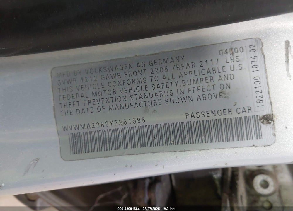 2000 VOLKSWAGEN PASSAT GLS VIN: WVWMA23B9YP361995