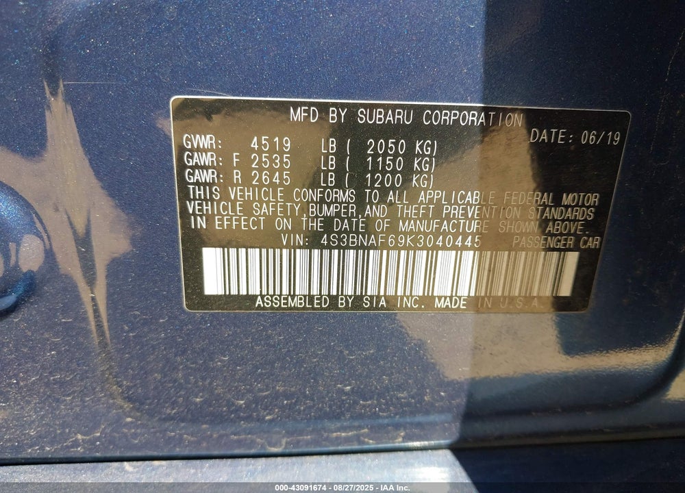 2019 SUBARU LEGACY 2.5I PREMIUM VIN: 4S3BNAF69K3040445