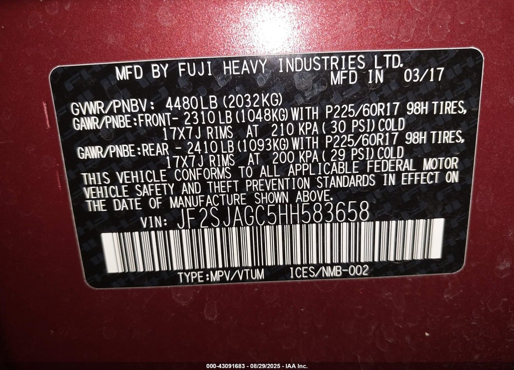 2017 SUBARU FORESTER VIN: JF2SJAGC5HH583658