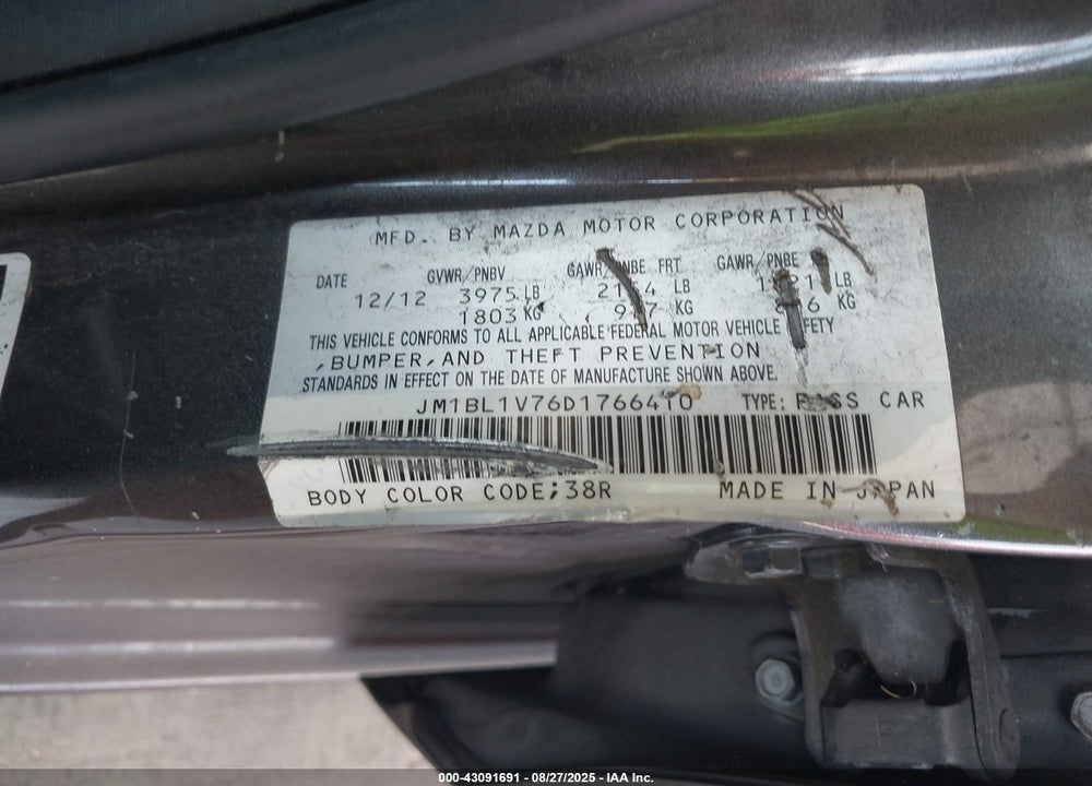 2013 MAZDA 3 VIN: JM1BL1V76D1766410