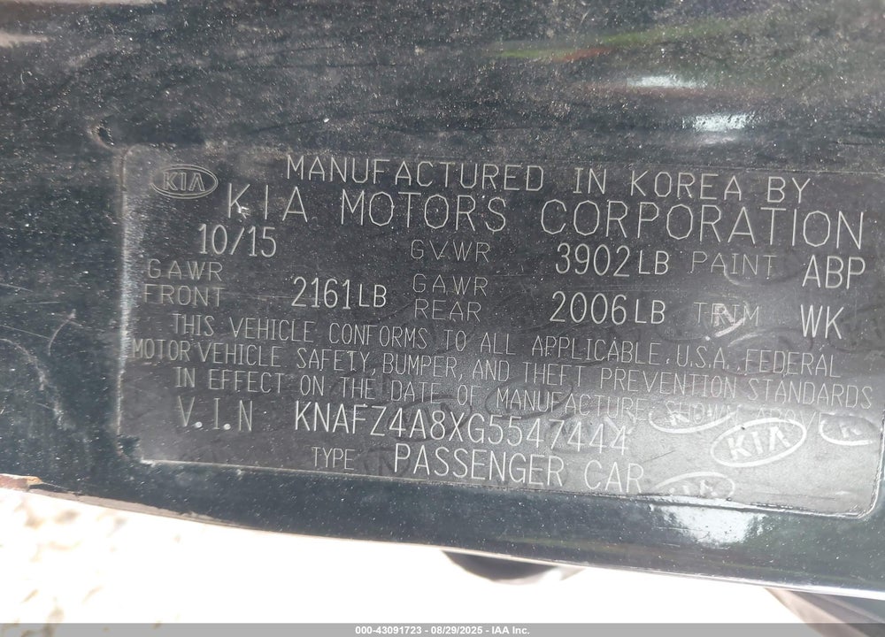 2016 KIA FORTE VIN: KNAFZ4A8XG5547444