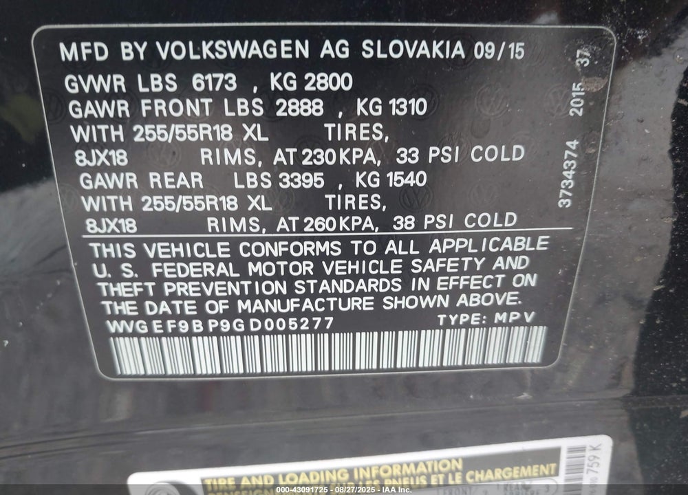 2016 VOLKSWAGEN TOUAREG VR6 SPORT VIN: WVGEF9BP9GD005277