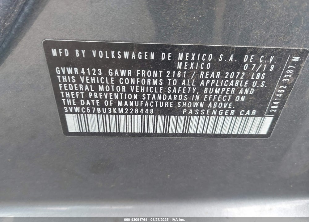2019 VOLKSWAGEN JETTA 1.4T R-LINE/1.4T S/1.4T SE VIN: 3VWC57BU3KM228448