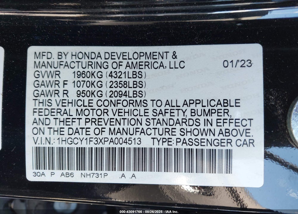2023 HONDA ACCORD VIN: 1HGCY1F3XPA004513