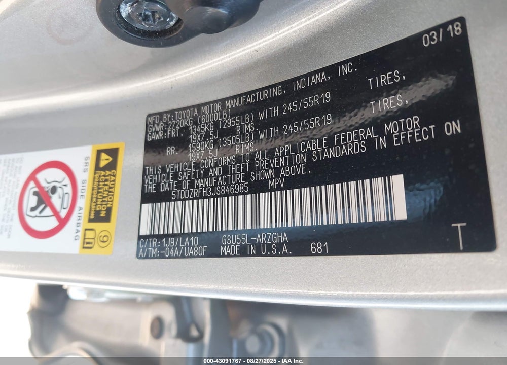 2018 TOYOTA HIGHLANDER VIN: 5TDDZRFH3JS846985