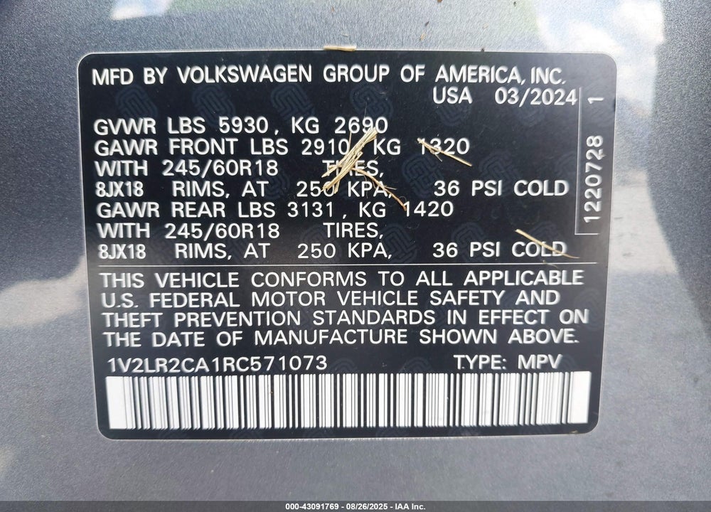 2024 VOLKSWAGEN ATLAS VIN: 1V2LR2CA1RC571073