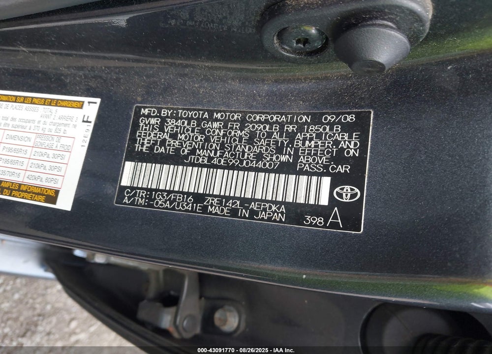 2009 TOYOTA COROLLA LE VIN: JTDBL40E99J044007