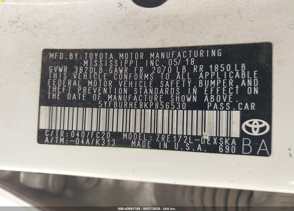 2019 TOYOTA COROLLA SE VIN: 5YFBURHE8KP856530