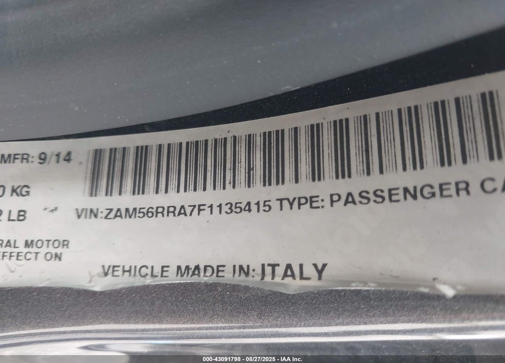 2015 MASERATI QUATTROPORTE VIN: ZAM56RRA7F1135415