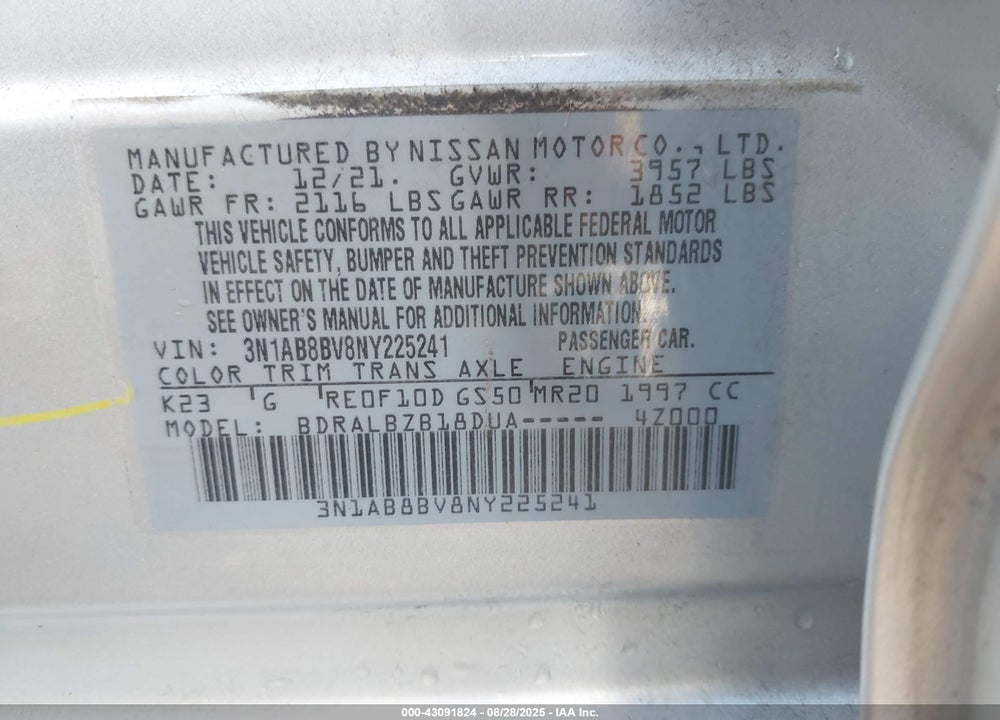 2022 NISSAN SENTRA VIN: 3N1AB8BV8NY225241
